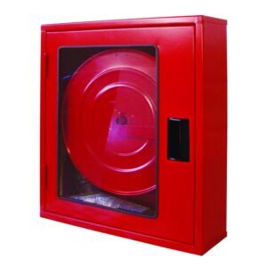 Large empty fire hose cabinet with plexiglass